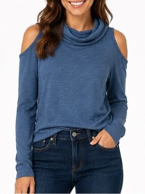 Buffalo David Bitton Denim-Blue Cowl Neck cold shoulder sweater